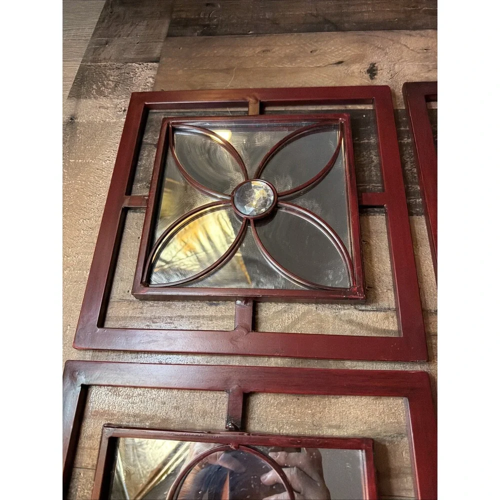 Set of 4 Vintage Gothic Wall Mirrors Red Metal Geometric Jeweled Window Panels